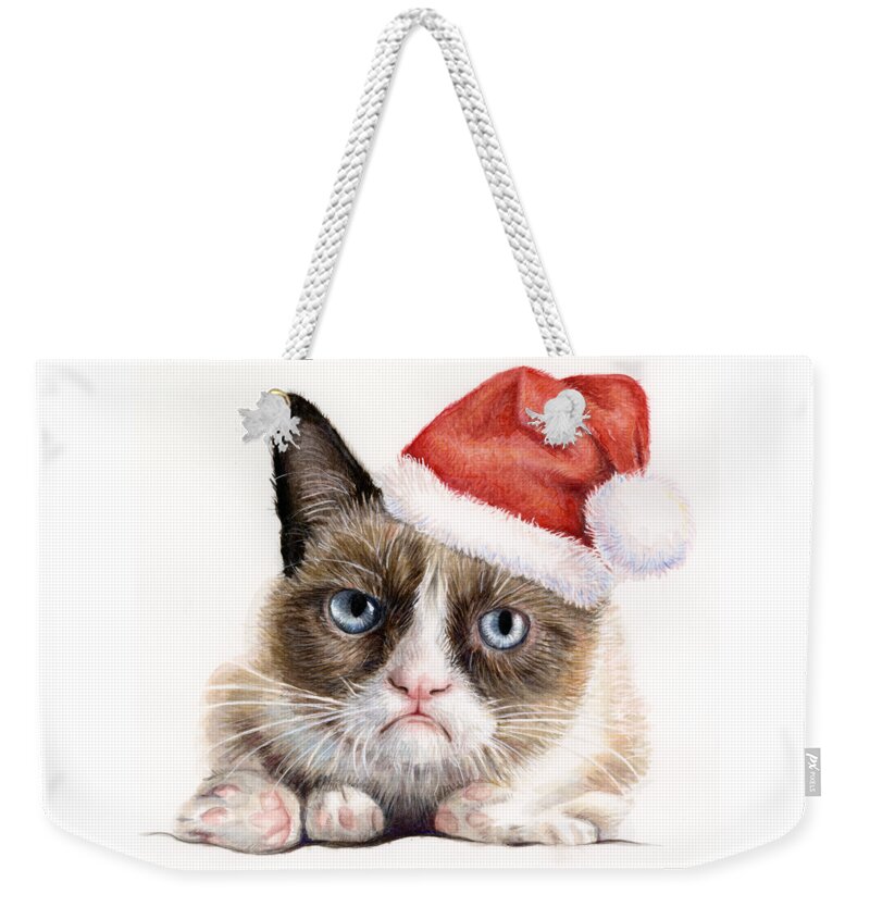 Grumpy Weekender Tote Bag featuring the painting Grumpy Cat as Santa by Olga Shvartsur