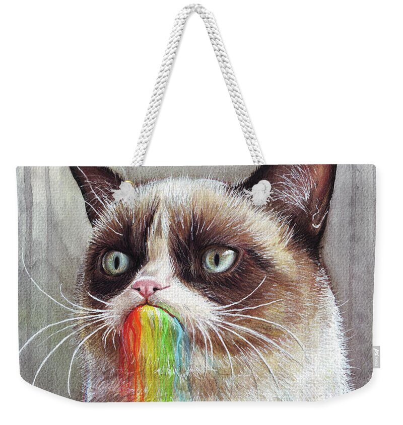 Grumpy Cat Weekender Tote Bag featuring the painting Grumpy Cat Tastes the Rainbow by Olga Shvartsur