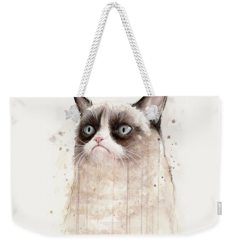 Grumpy Weekender Tote Bag featuring the painting Grumpy Watercolor Cat by Olga Shvartsur