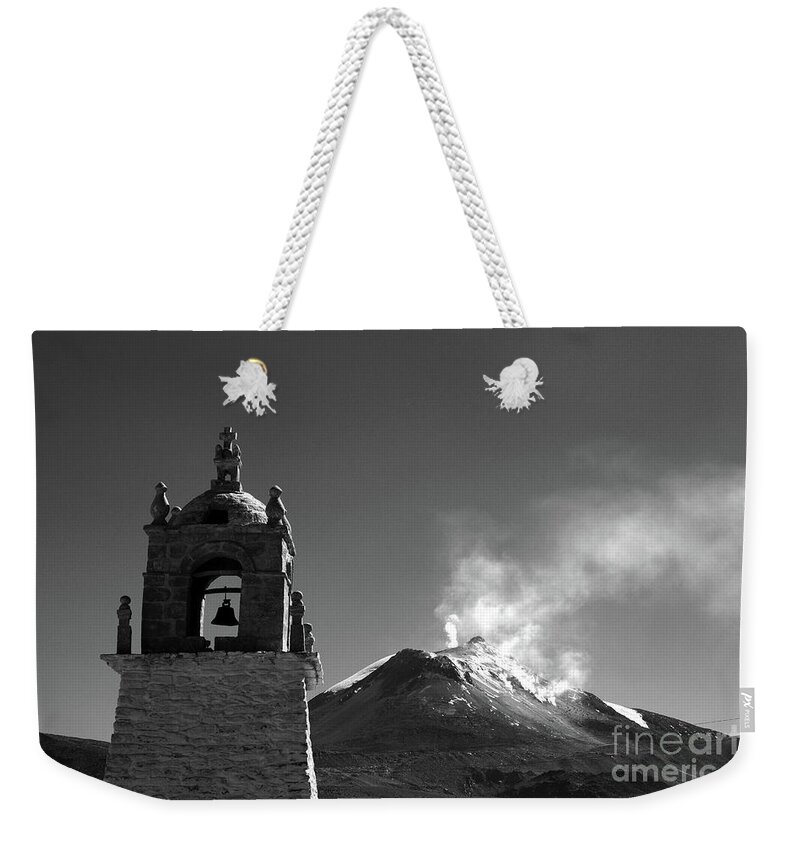 Chile Weekender Tote Bag featuring the photograph Guallatiri Volcano in Black and White Chile by James Brunker