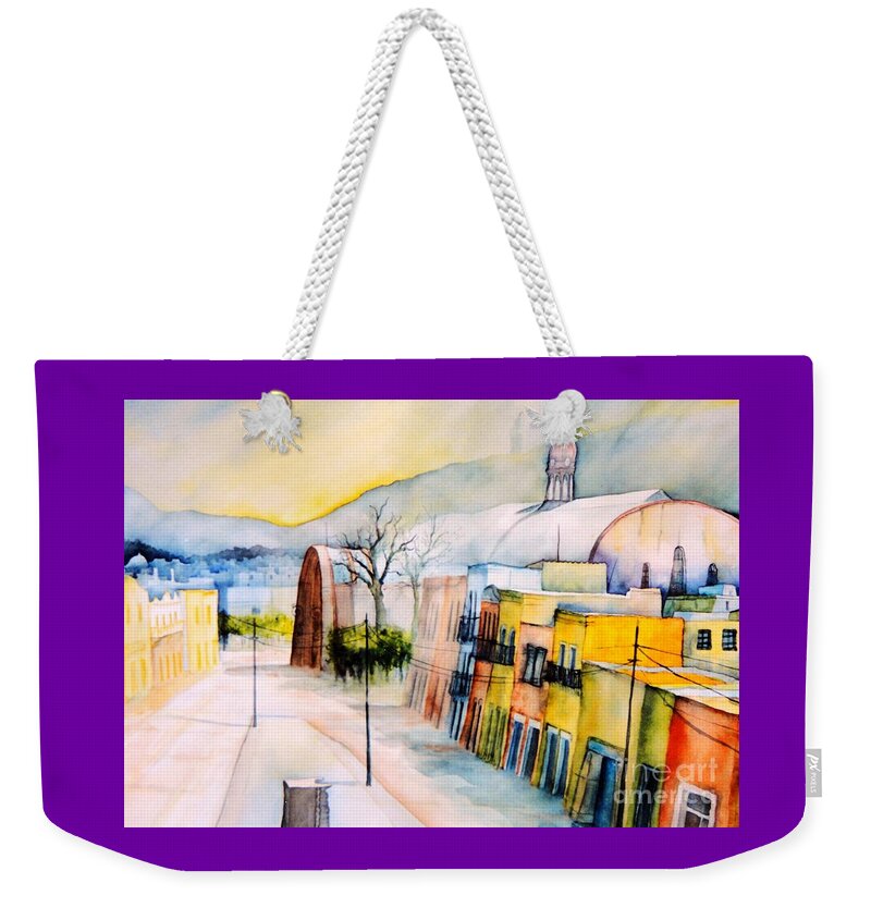 Colorful Weekender Tote Bag featuring the painting Guanajuato-Mexico-Marketplace by Dagmar Helbig