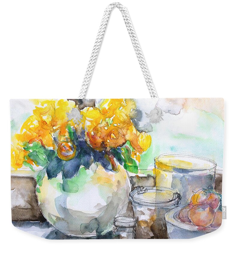 Still Life Weekender Tote Bag featuring the painting Gudrun's Kitchen Window by Barbara Pommerenke