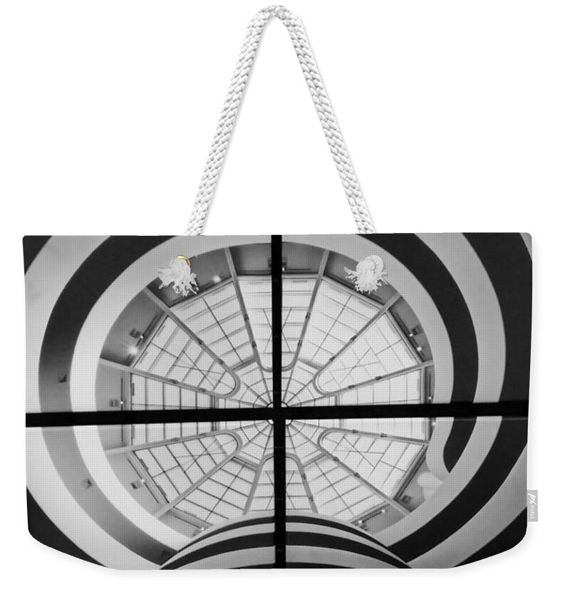 Guggenheim Weekender Tote Bag featuring the photograph Guggenheim In Quarters B W by Rob Hans