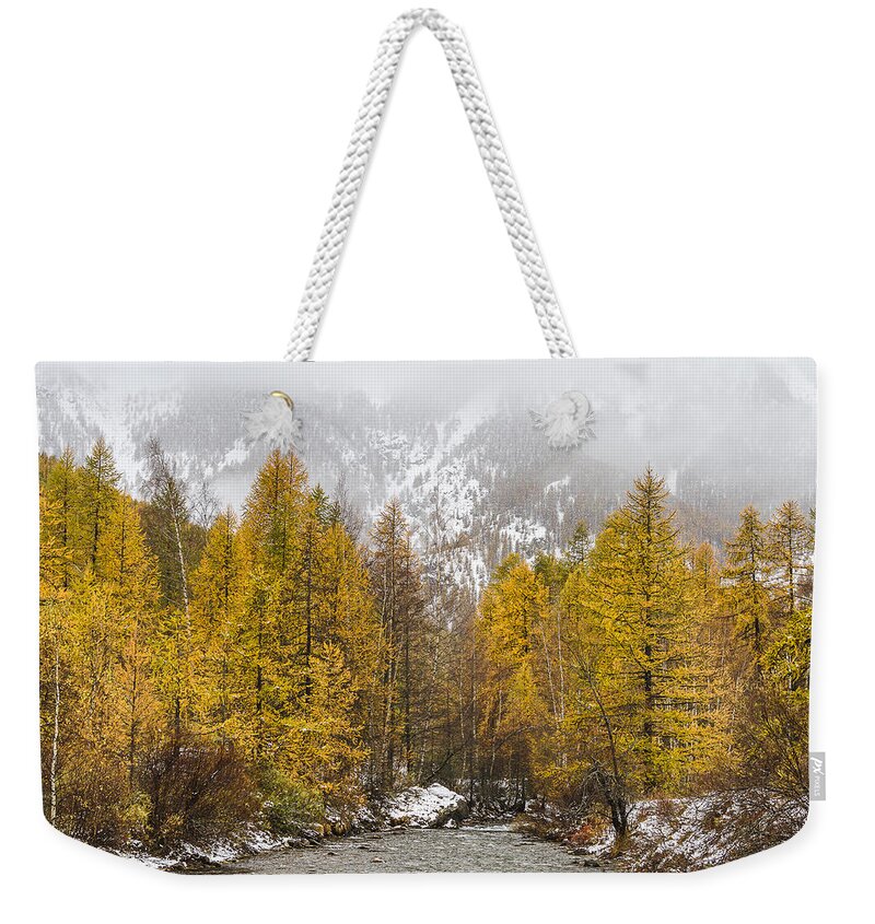 Autumn Landscape Weekender Tote Bag featuring the photograph Guisane valley in Autumn - French Alps by Paul MAURICE