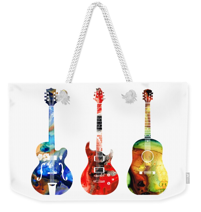 Guitar Weekender Tote Bag featuring the painting Guitar Threesome - Colorful Guitars By Sharon Cummings by Sharon Cummings