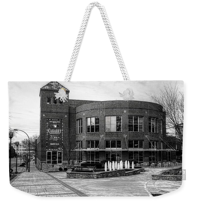 The Peace Center Greenville South Carolina Weekender Tote Bag featuring the photograph Gunter Theater At The Peace Center, Greenville South Carolina In Black and White by Carol Montoya