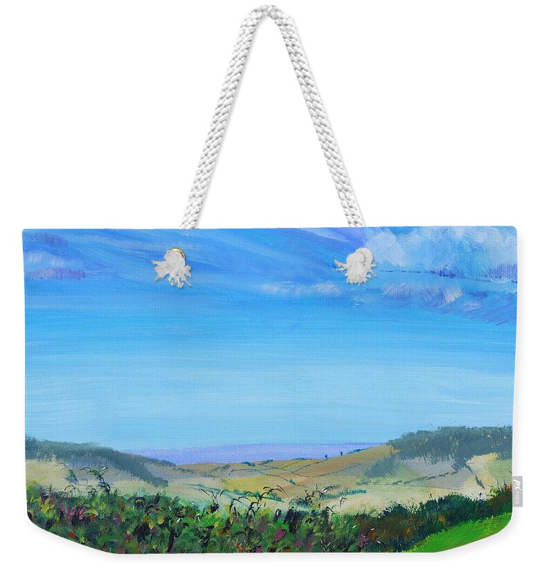 Haldon Hills Weekender Tote Bag featuring the painting Haldon Hills Sea View by Mike Jory