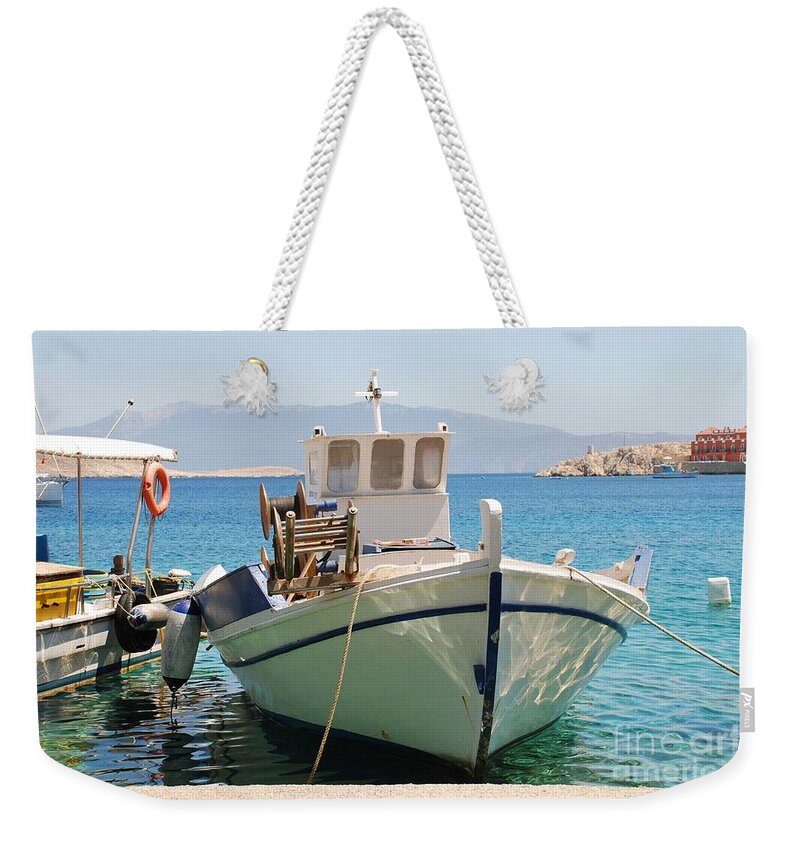 Halki Weekender Tote Bag featuring the photograph Halki fishing boats in Greece by David Fowler