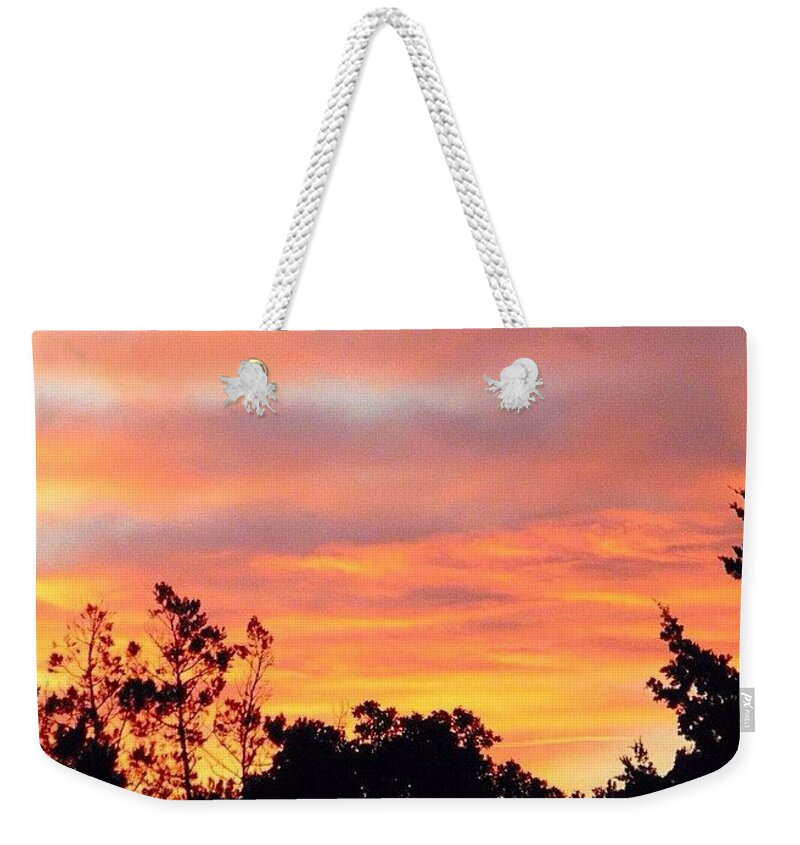 Beautiful Weekender Tote Bag featuring the photograph #halloween #morning #sky Is On #fire by Austin Tuxedo Cat