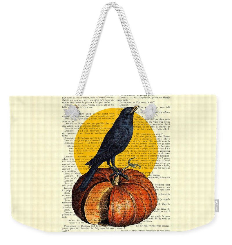 Crow Weekender Tote Bag featuring the digital art Halloween pumpkin and crow decoration by Madame Memento
