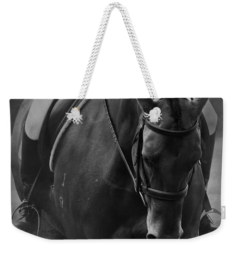 Dressage Weekender Tote Bag featuring the photograph Halt Black and White by Michelle Wrighton