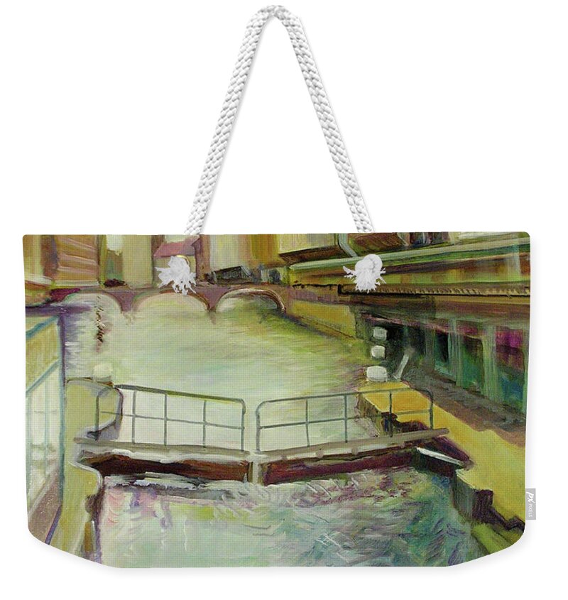 Canal Weekender Tote Bag featuring the painting Hamburgh - a canal by Jean-Marc Robert