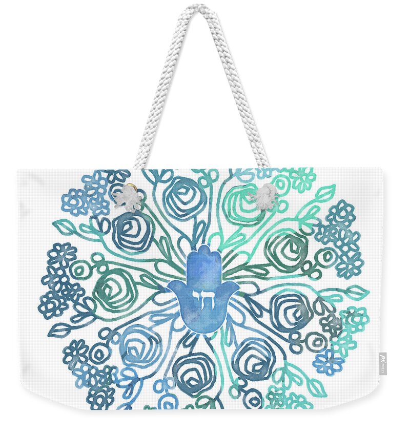 Hamsa Weekender Tote Bag featuring the mixed media Hamsa Mandala 1- Art by Linda Woods by Linda Woods