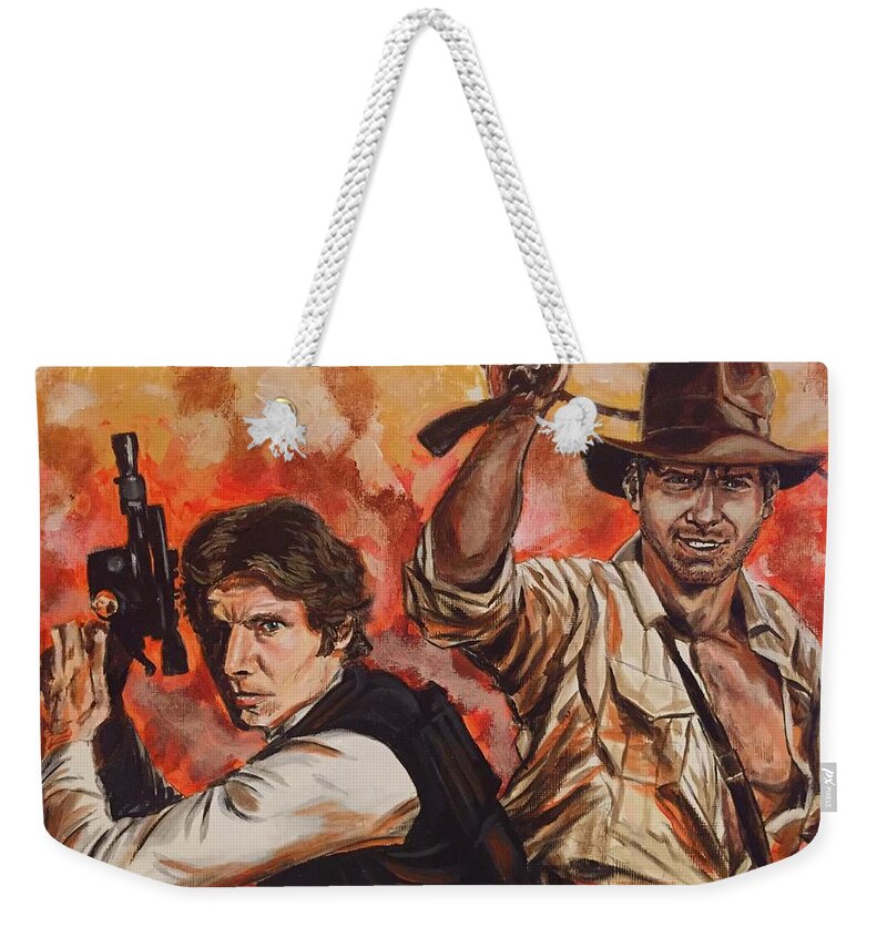 Han Solo Weekender Tote Bag featuring the painting Han Solo and Indiana Jones by Joel Tesch