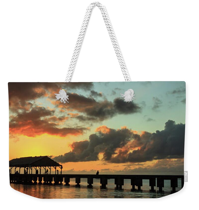 Hanalei Pier Weekender Tote Bag featuring the photograph Hanalei Pier Sunset Panorama by James Eddy