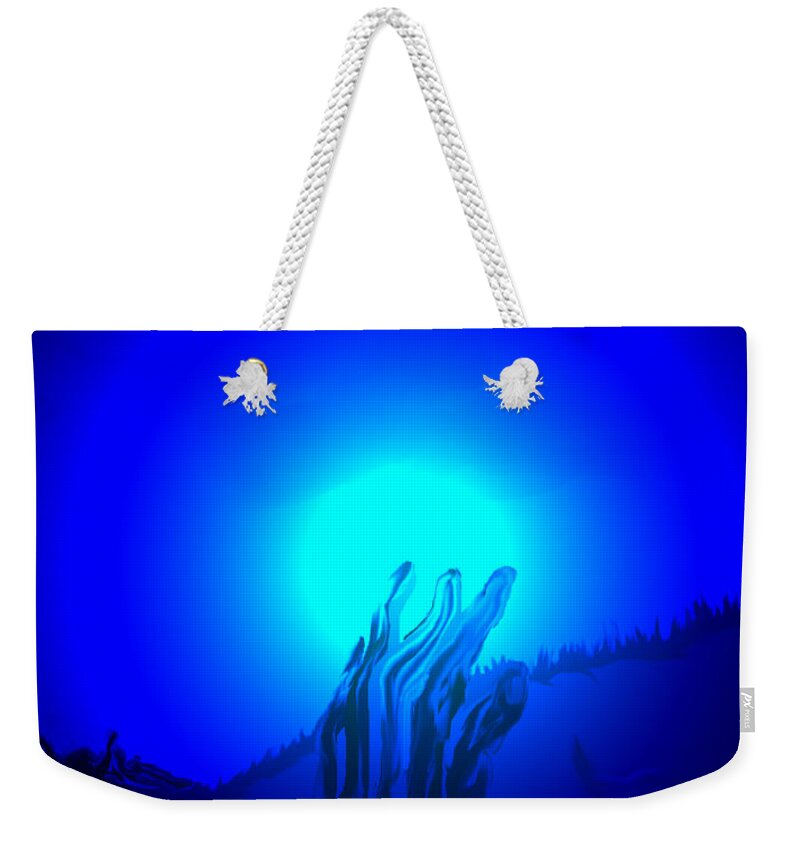 Hand Buffalo Skull Grass Trees Mountains Moon Abstract Sky Weekender Tote Bag featuring the digital art Hand Up by Andrea Lawrence
