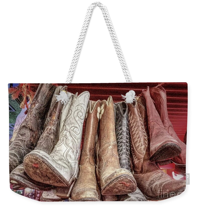 500 Views Weekender Tote Bag featuring the photograph Hangin' Boots by Jenny Revitz Soper