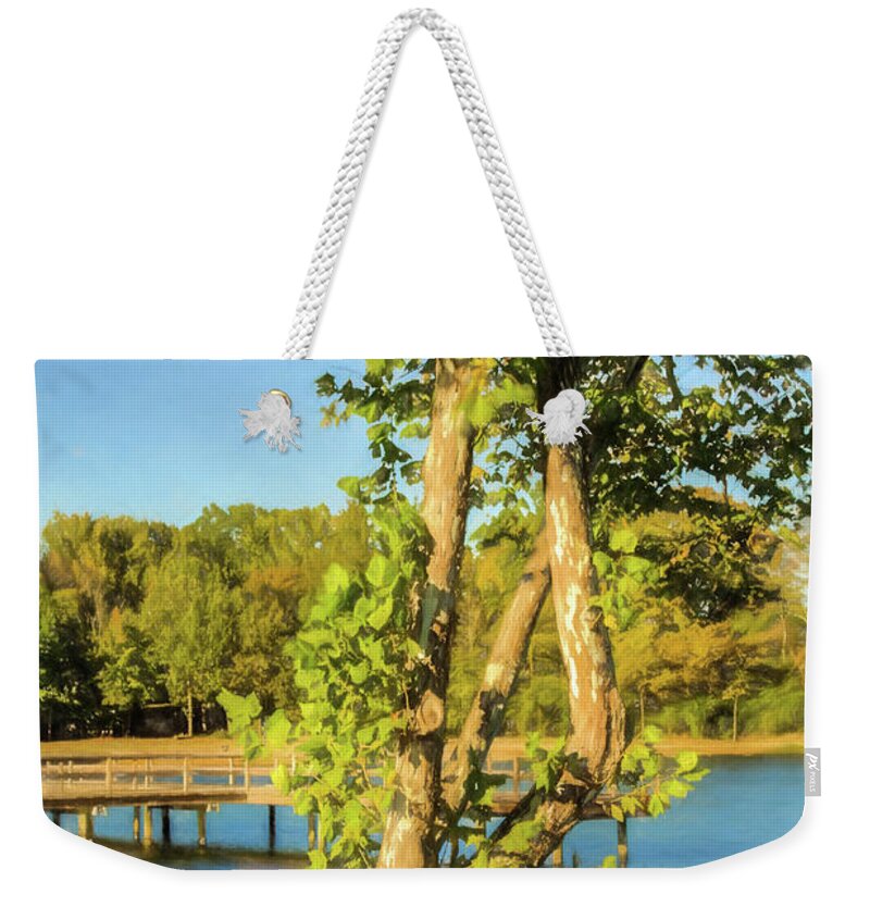 Tree Weekender Tote Bag featuring the photograph Hanging On - Lakeside Landscape by Barry Jones