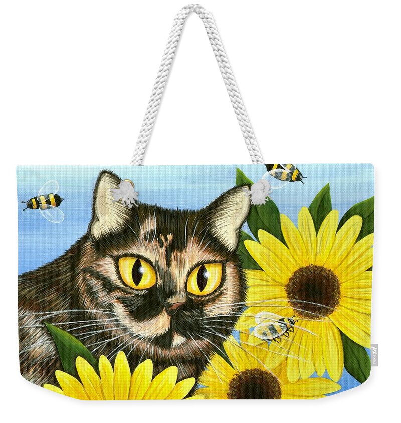 Tortoiseshell Cat Weekender Tote Bag featuring the painting Hannah Tortoiseshell Cat Sunflowers by Carrie Hawks