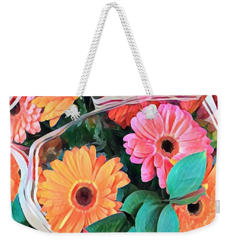 Gerbera Daisies Weekender Tote Bag featuring the photograph Happiness To Go - Colorful Daisy Bouquet by Miriam Danar