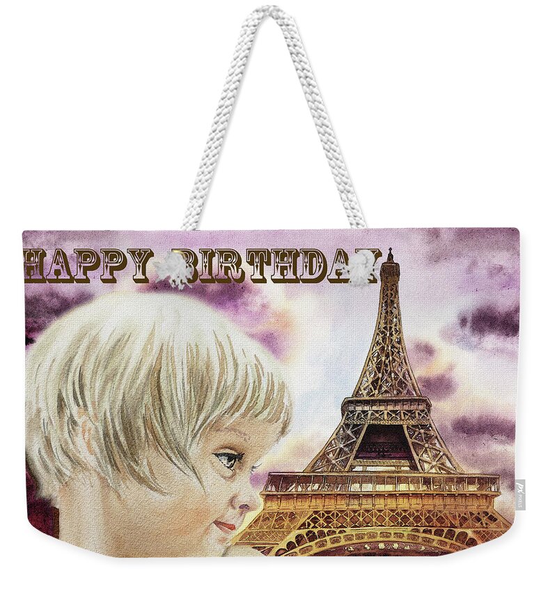 Birthday Weekender Tote Bag featuring the painting Happy Birthday French Girl Paris Card by Irina Sztukowski