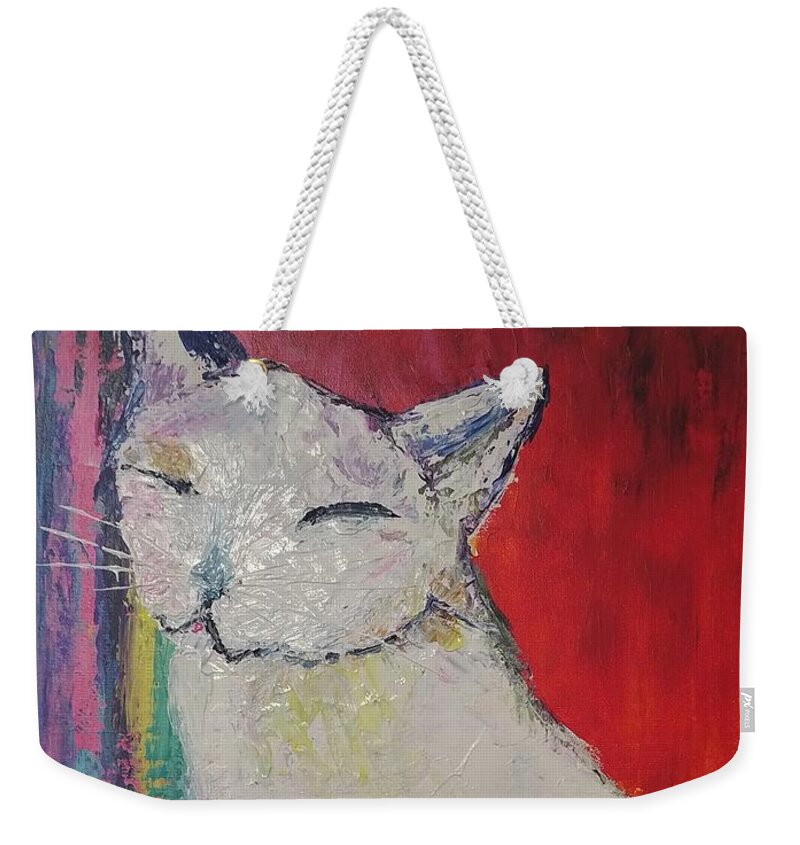 White Cat Weekender Tote Bag featuring the painting Happy Cat by Lynne McQueen
