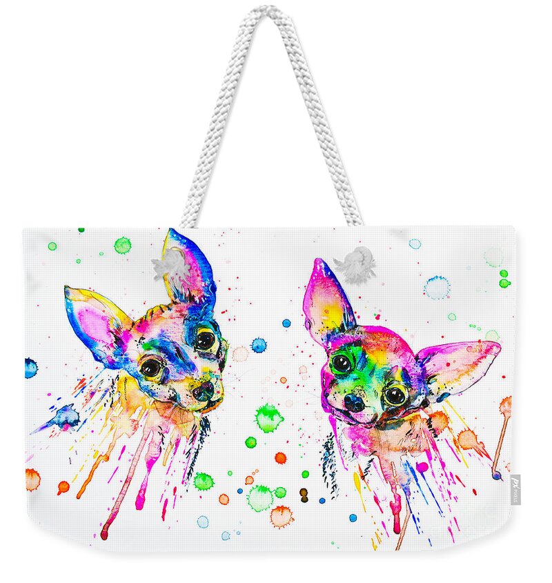 Chihuahua Weekender Tote Bag featuring the painting Happy Chihuahuas by Zaira Dzhaubaeva