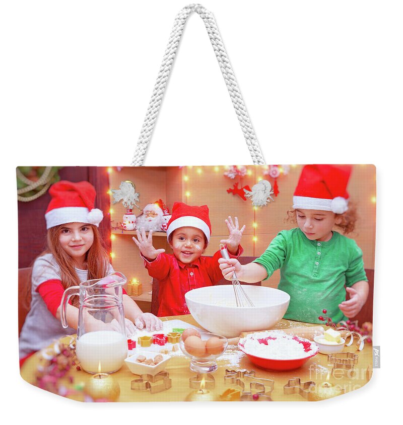 African American Weekender Tote Bag featuring the photograph Happy children making cookies by Anna Om