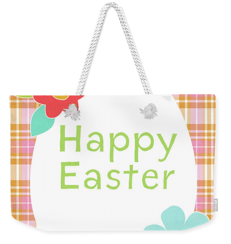 Happy Easter Weekender Tote Bag featuring the digital art Happy Easter Egg Pink Plaid- Art by Linda Woods by Linda Woods