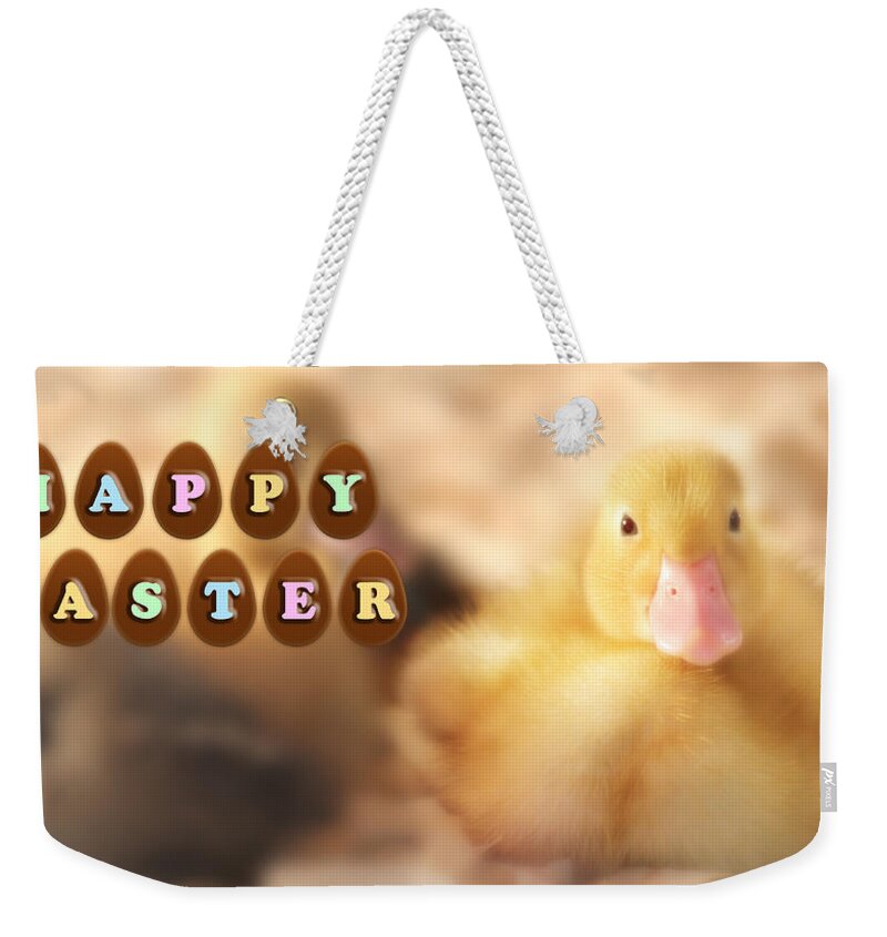 Duck Weekender Tote Bag featuring the photograph Happy Easter Greetings from Cute Duckling by Shelley Neff