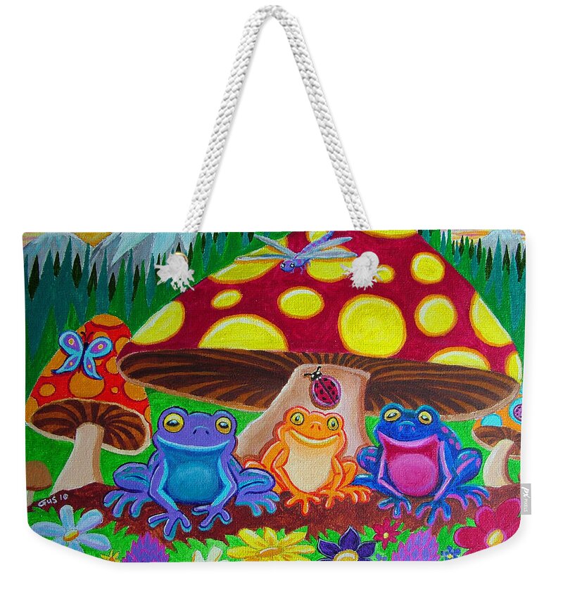 Frogs Weekender Tote Bag featuring the painting Happy Frog Meadows by Nick Gustafson