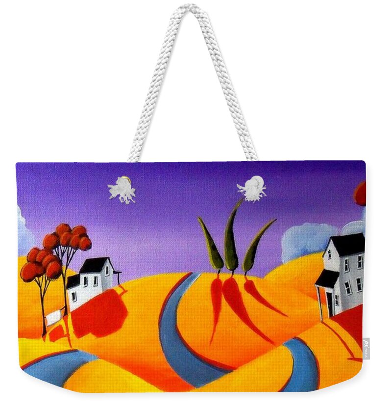 Art Weekender Tote Bag featuring the painting Happy Neighbors - whimsical country landscape by Debbie Criswell