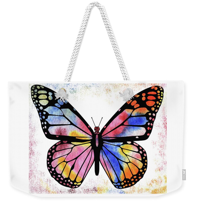 Rainbow Butterfly Weekender Tote Bag featuring the painting Happy Rainbow Butterfly by Irina Sztukowski