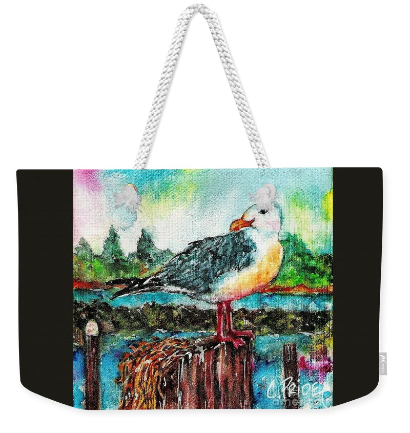 Cynthia Pride Watercolor Paintings Weekender Tote Bag featuring the painting Happy Seagull Perch by Cynthia Pride