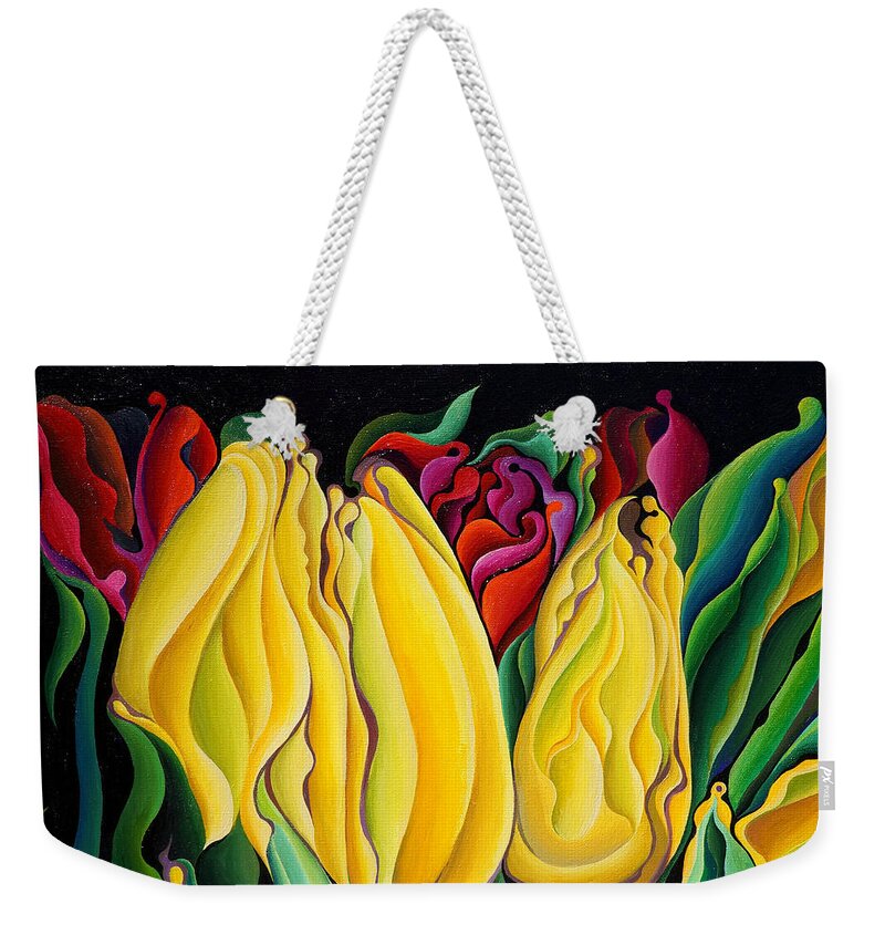 Tulips Weekender Tote Bag featuring the painting Happy-Time Yellow Three-Lips by Amy Ferrari
