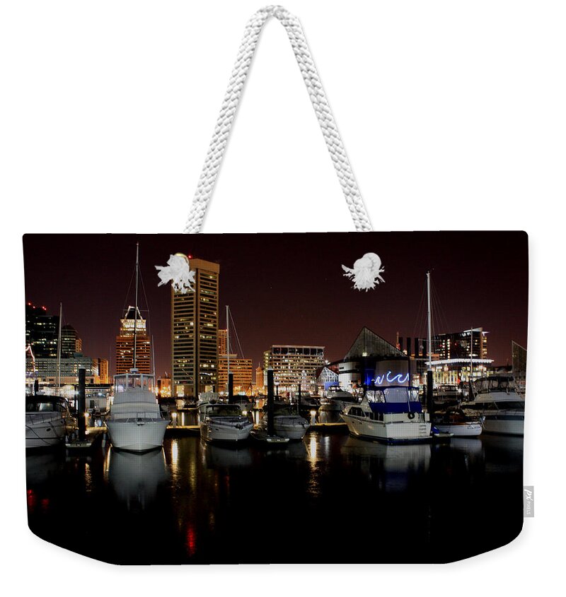 Harbor Weekender Tote Bag featuring the photograph Harbor Nights - Trade Center in Focus by Ronald Reid