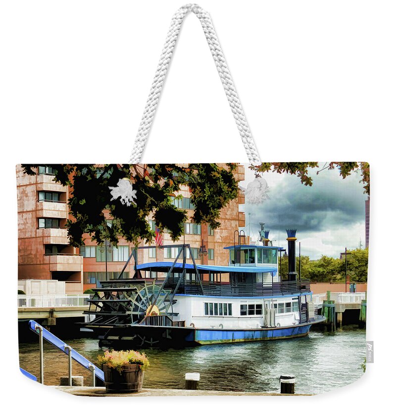 Harbor Park Ferry Weekender Tote Bag featuring the painting Harbor Park Ferry 5 by Jeelan Clark