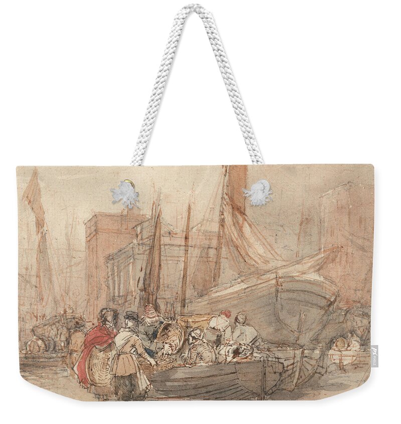 19th Century Art Weekender Tote Bag featuring the painting Harbor Scene, With Fishing Boats Being Unloaded by David Cox