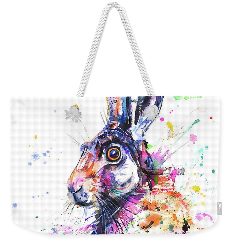 Hare Weekender Tote Bag featuring the painting Hare in Grass by Zaira Dzhaubaeva