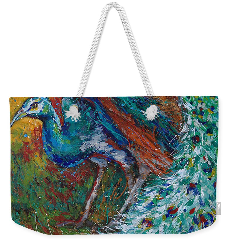 Peacock And Peahen Weekender Tote Bag featuring the painting Harmonious by Jyotika Shroff