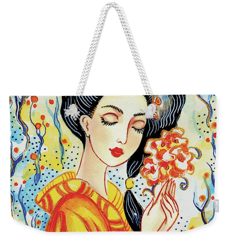 Woman And Flower Weekender Tote Bag featuring the painting Harmony Flower by Eva Campbell