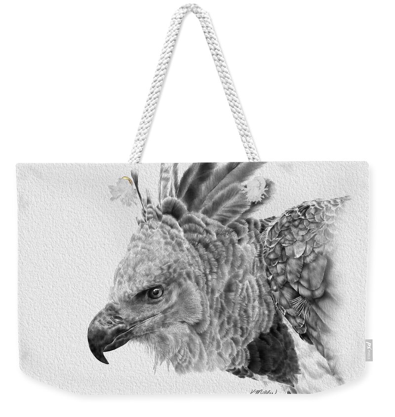 Harpy Eagle Weekender Tote Bag featuring the drawing Harpy Eagle by Kathie Miller