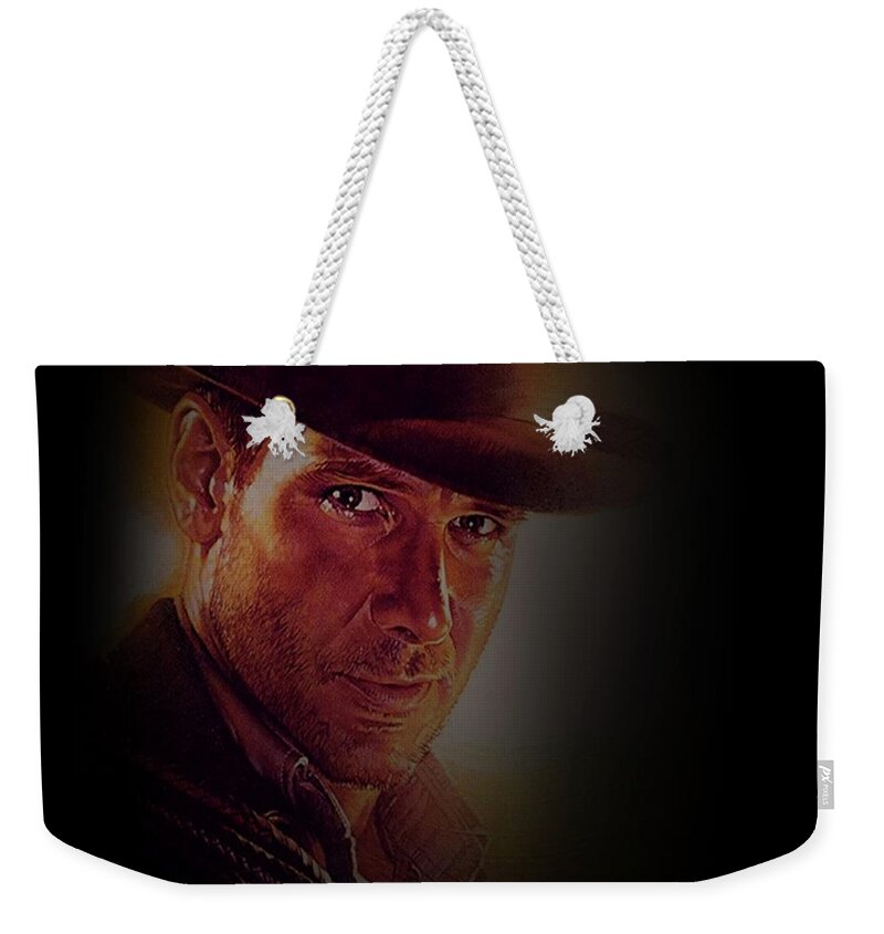 Harrison Ford Weekender Tote Bag featuring the mixed media Harrison Ford As Indiana Jones by David Dehner