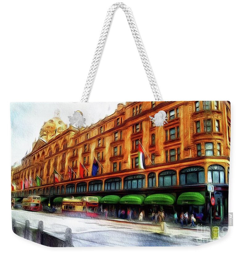 Harrods Weekender Tote Bag featuring the painting Harrods, London by Esoterica Art Agency