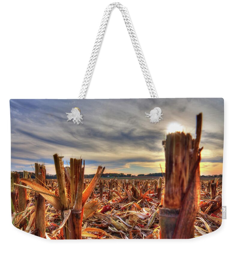 Corn Stubble Farm Farming Sunset Cirrus Clouds Sky Landscape Horizontal Rural Weekender Tote Bag featuring the photograph Harvest Done by Peter Herman