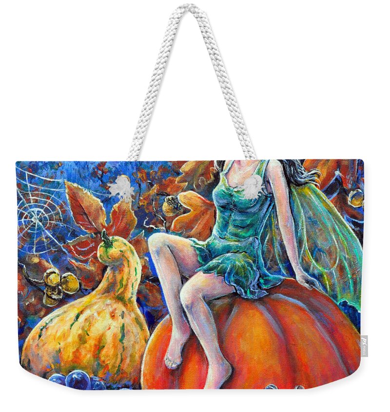 Fairy Moon Fall Pumpkin Gourd Mouse Harvest Owl Orange Grapes Weekender Tote Bag featuring the painting Harvest Moon by Gail Butler