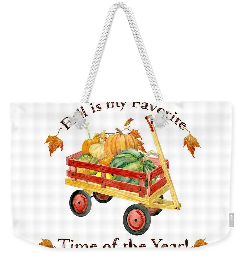 Fall Is My Favorite Weekender Tote Bag featuring the painting Harvest Red Wagon Pumpkins n Leaves by Audrey Jeanne Roberts