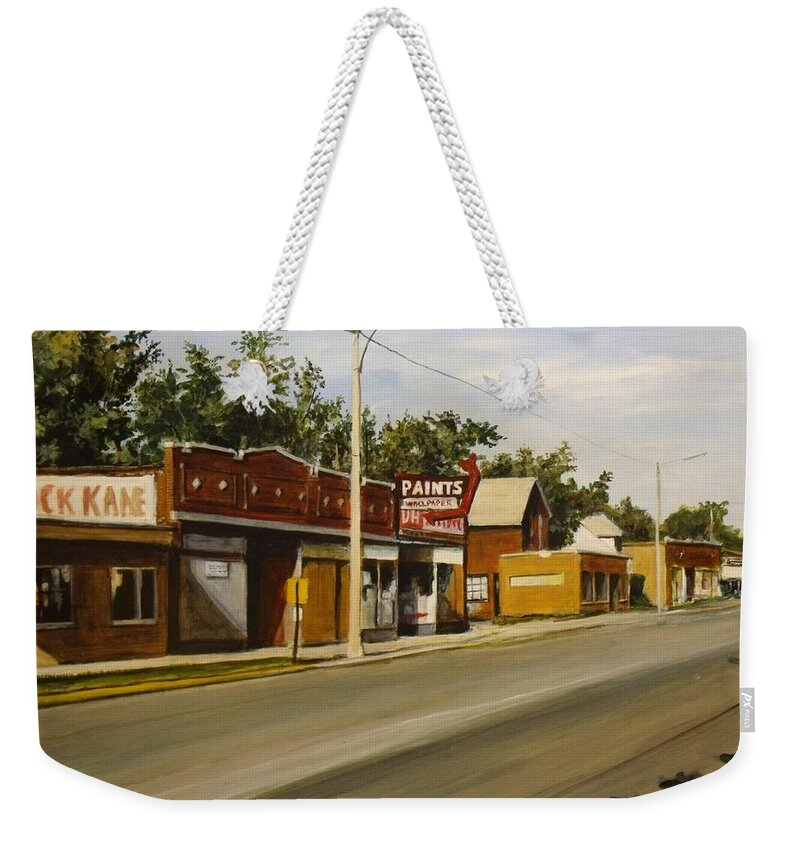 Urban Weekender Tote Bag featuring the painting Harvey Paint Store by William Brody