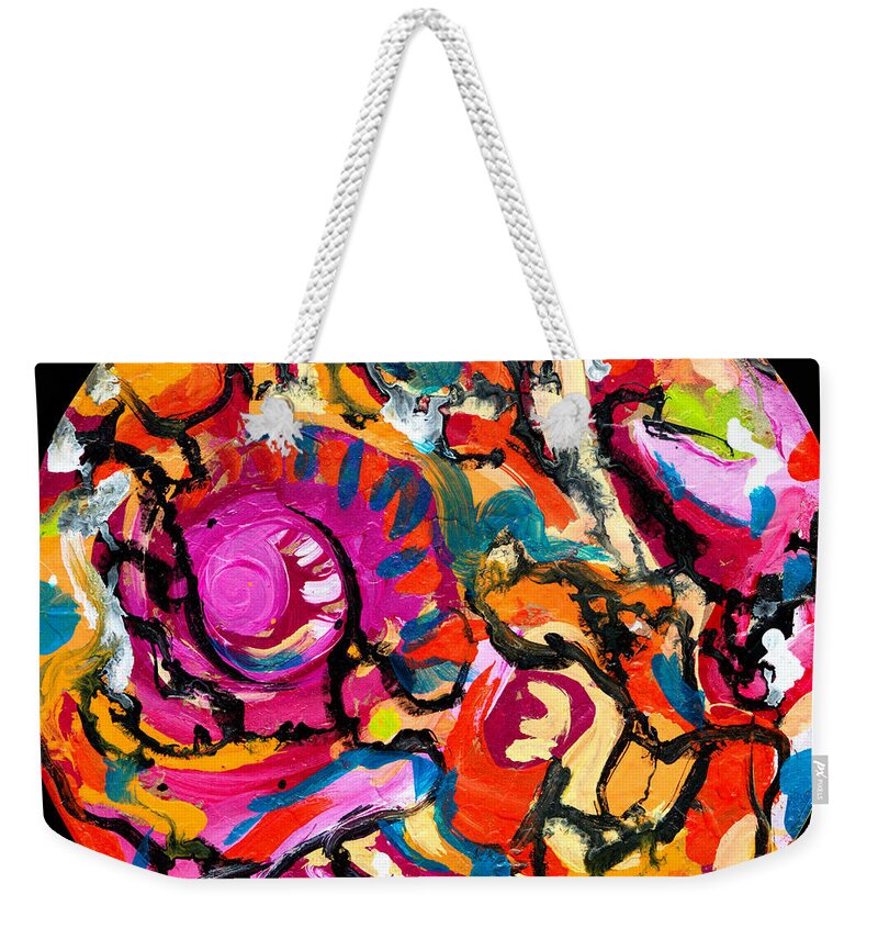 Abstract Flowers Contained Within A Circle .pink Orange Blue And Golden Yellow With Black And White Accents Weekender Tote Bag featuring the painting Hat box garden by Priscilla Batzell Expressionist Art Studio Gallery