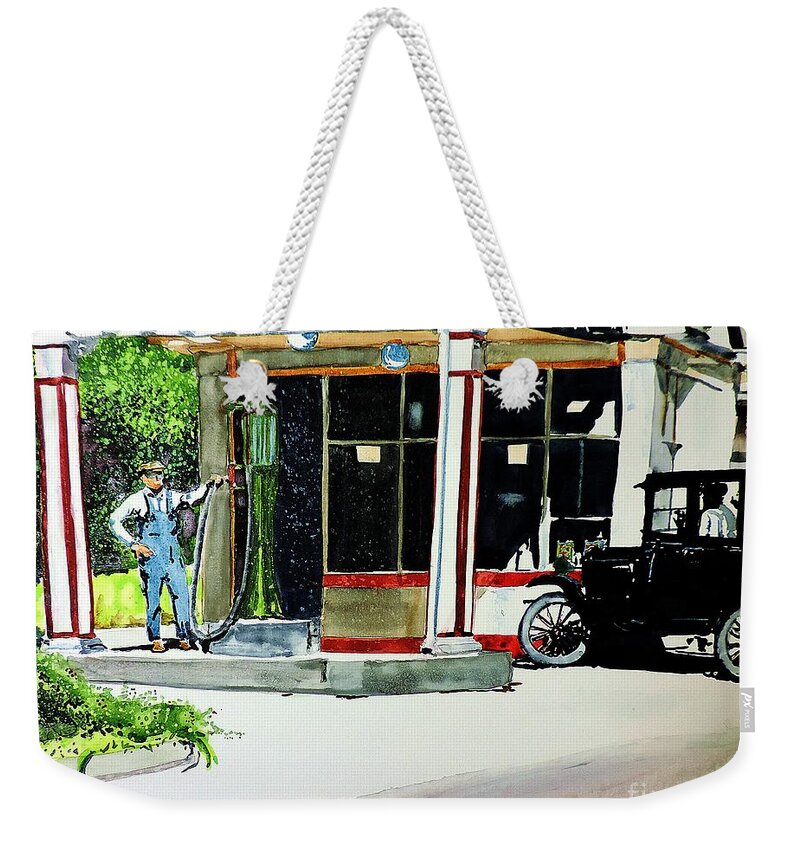 Old Time Weekender Tote Bag featuring the painting Hawkeye Oil Co by Tom Riggs